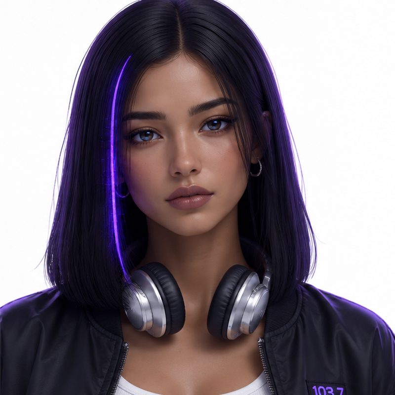 Ivy Static, a virtual singer with black hair, a glowing violet streak and silver headphones